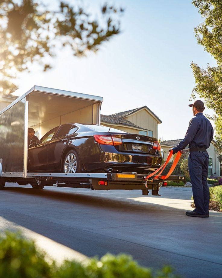 Car secured on a carrier trailer for insured car and bike transport