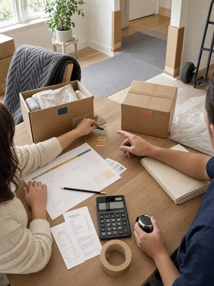 Couple planning their home move with boxes, a checklist and a budget calculator